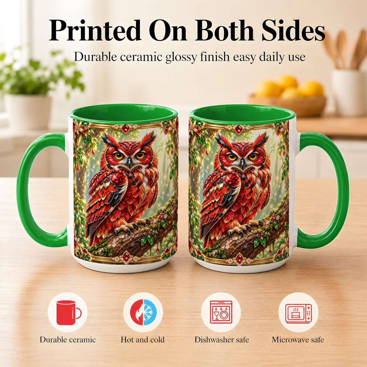 #pl[15oz|Green] Red Gem Owl Coffee Mug, Gemstone Style Owl Mug, Ceramic Cup