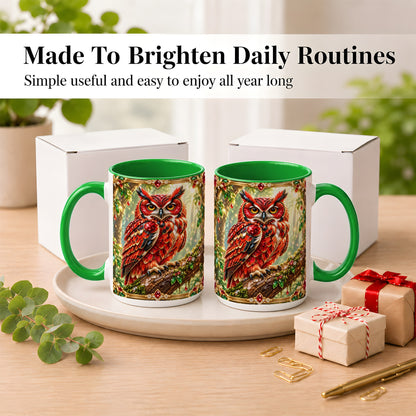 #pl[15oz|Green] Red Gem Owl Coffee Mug, Gemstone Style Owl Mug, Ceramic Cup