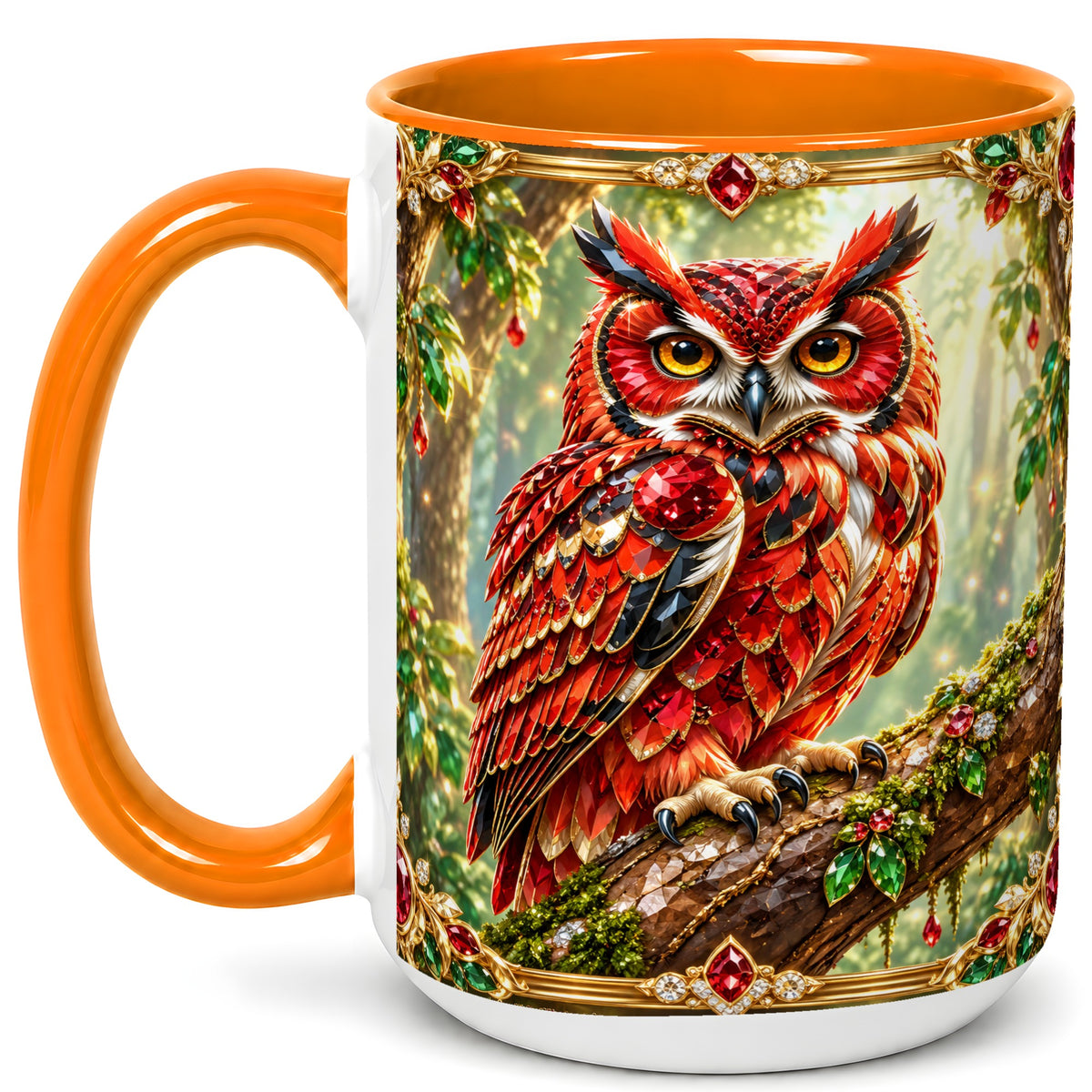 #pl[15oz|Orange] Red Gem Owl Coffee Mug, Gemstone Style Owl Mug, Ceramic Cup