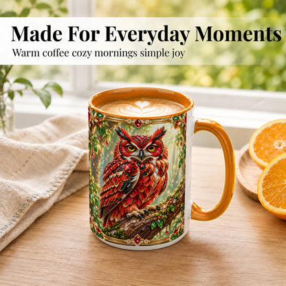 #pl[15oz|Orange] Red Gem Owl Coffee Mug, Gemstone Style Owl Mug, Ceramic Cup