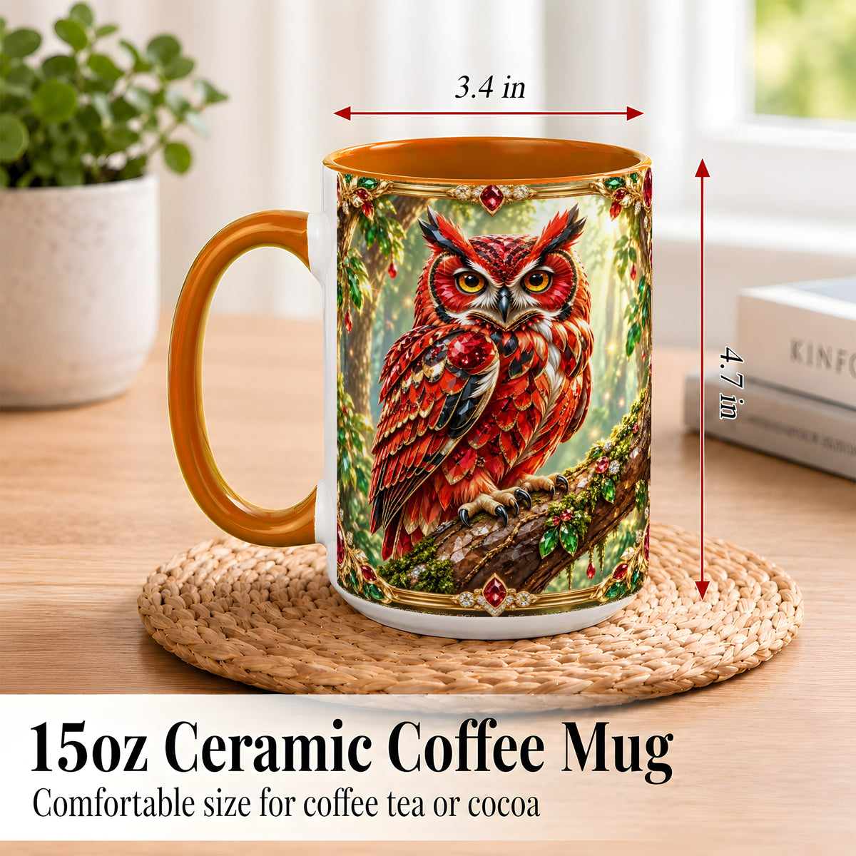 #pl[15oz|Orange] Red Gem Owl Coffee Mug, Gemstone Style Owl Mug, Ceramic Cup