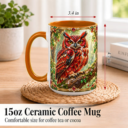 #pl[15oz|Orange] Red Gem Owl Coffee Mug, Gemstone Style Owl Mug, Ceramic Cup