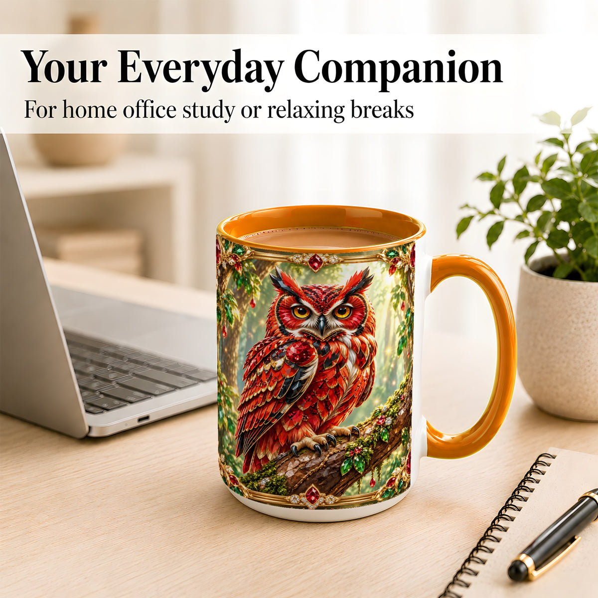 #pl[15oz|Orange] Red Gem Owl Coffee Mug, Gemstone Style Owl Mug, Ceramic Cup