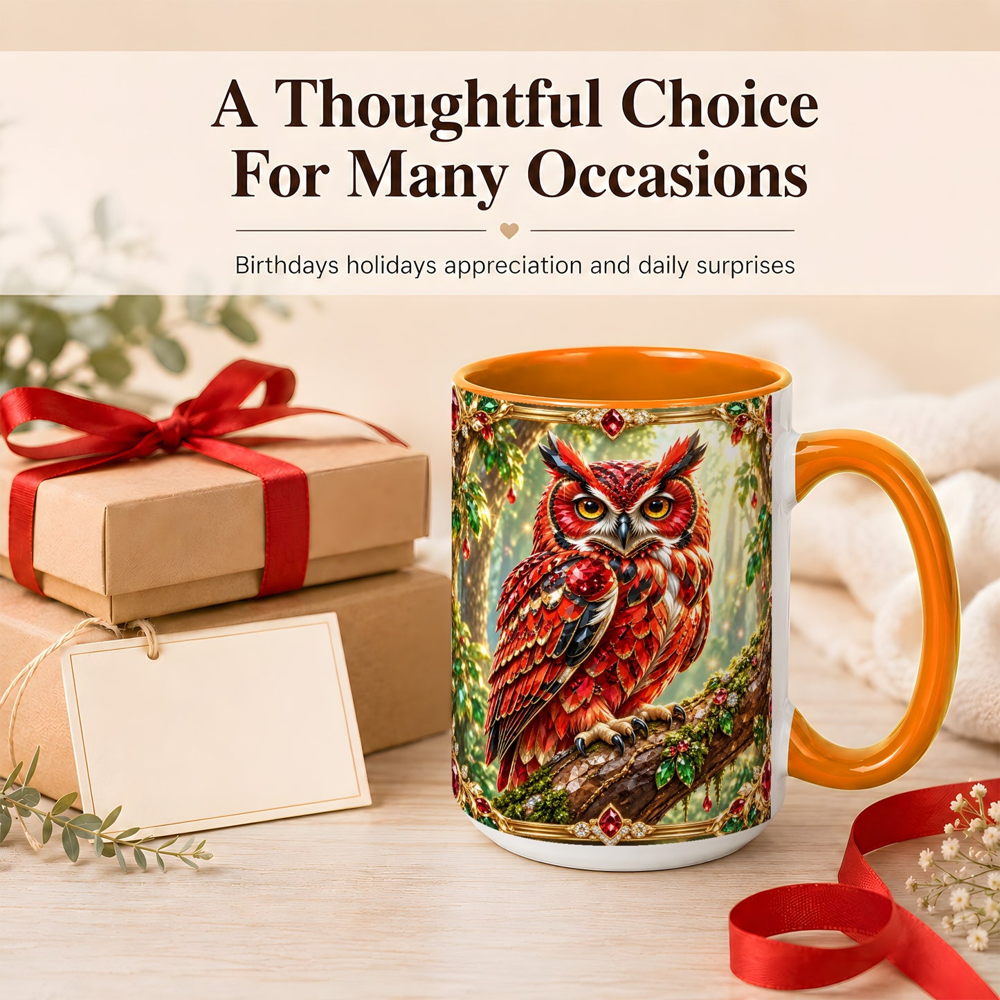 #pl[15oz|Orange] Red Gem Owl Coffee Mug, Gemstone Style Owl Mug, Ceramic Cup