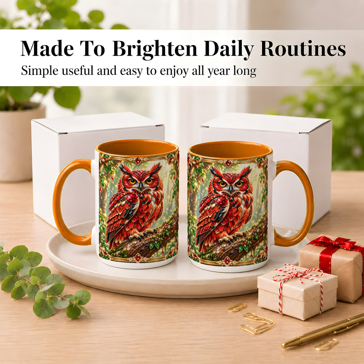 #pl[15oz|Orange] Red Gem Owl Coffee Mug, Gemstone Style Owl Mug, Ceramic Cup