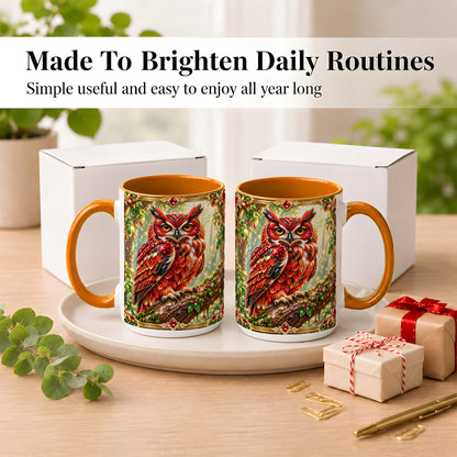 #pl[15oz|Orange] Red Gem Owl Coffee Mug, Gemstone Style Owl Mug, Ceramic Cup