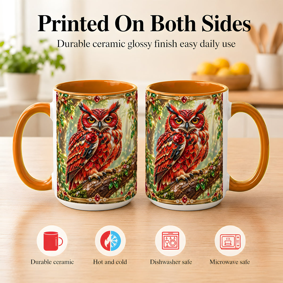 #pl[15oz|Orange] Red Gem Owl Coffee Mug, Gemstone Style Owl Mug, Ceramic Cup