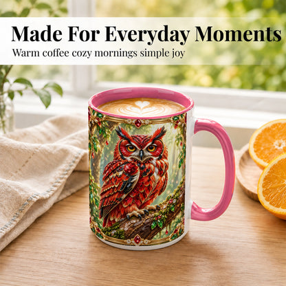 #pl[15oz|Pink] Red Gem Owl Coffee Mug, Gemstone Style Owl Mug, Ceramic Cup