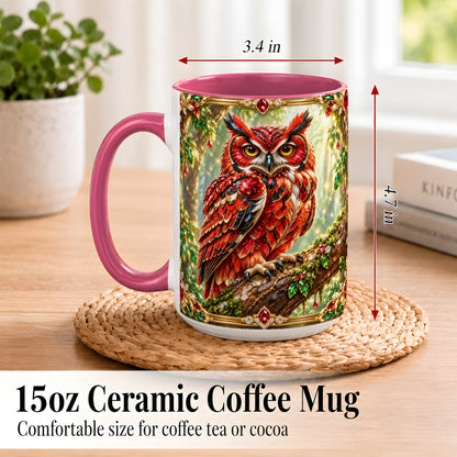#pl[15oz|Pink] Red Gem Owl Coffee Mug, Gemstone Style Owl Mug, Ceramic Cup