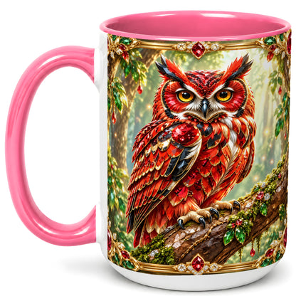 #pl[15oz|Pink] Red Gem Owl Coffee Mug, Gemstone Style Owl Mug, Ceramic Cup