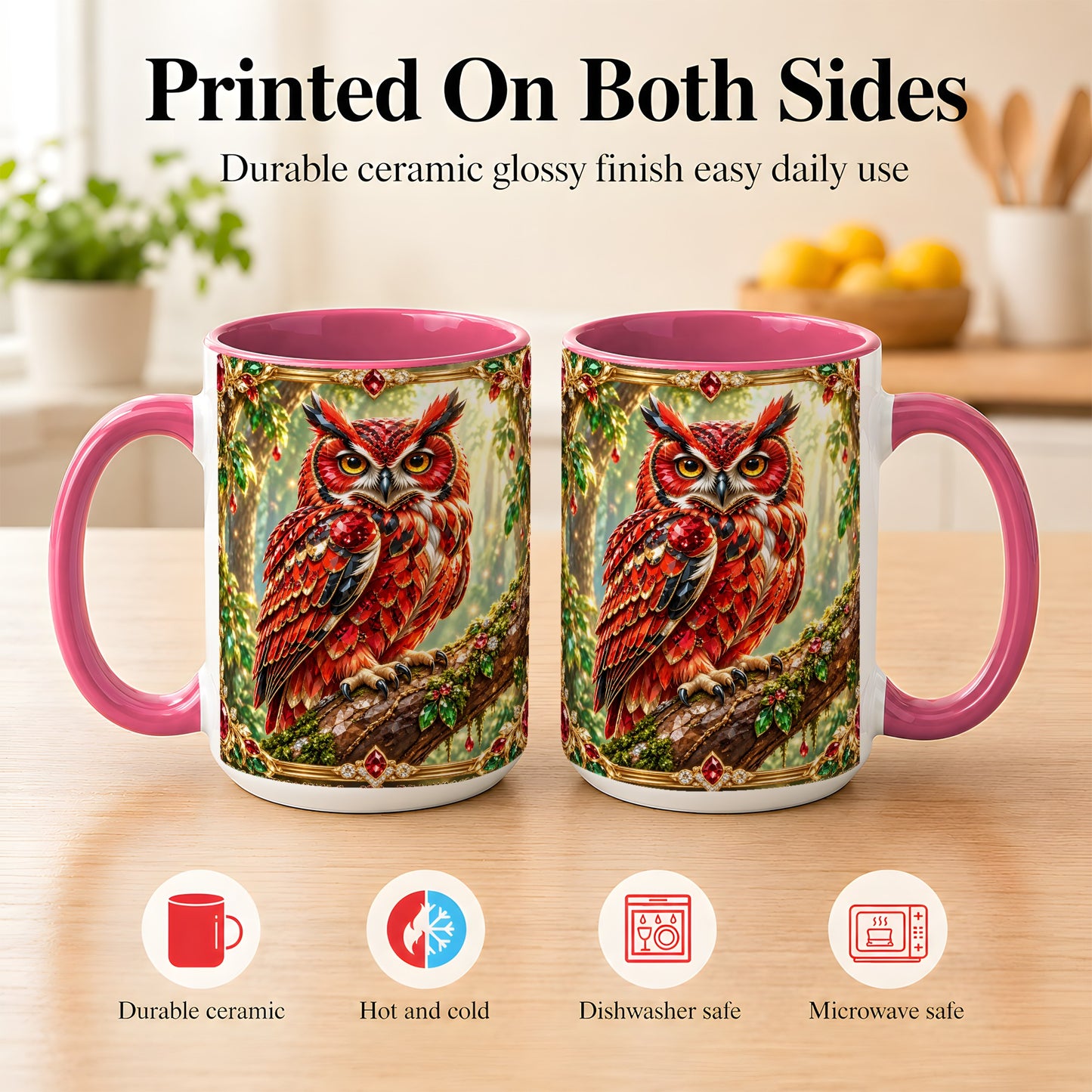 #pl[15oz|Pink] Red Gem Owl Coffee Mug, Gemstone Style Owl Mug, Ceramic Cup