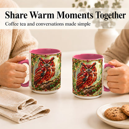 #pl[15oz|Pink] Red Gem Owl Coffee Mug, Gemstone Style Owl Mug, Ceramic Cup