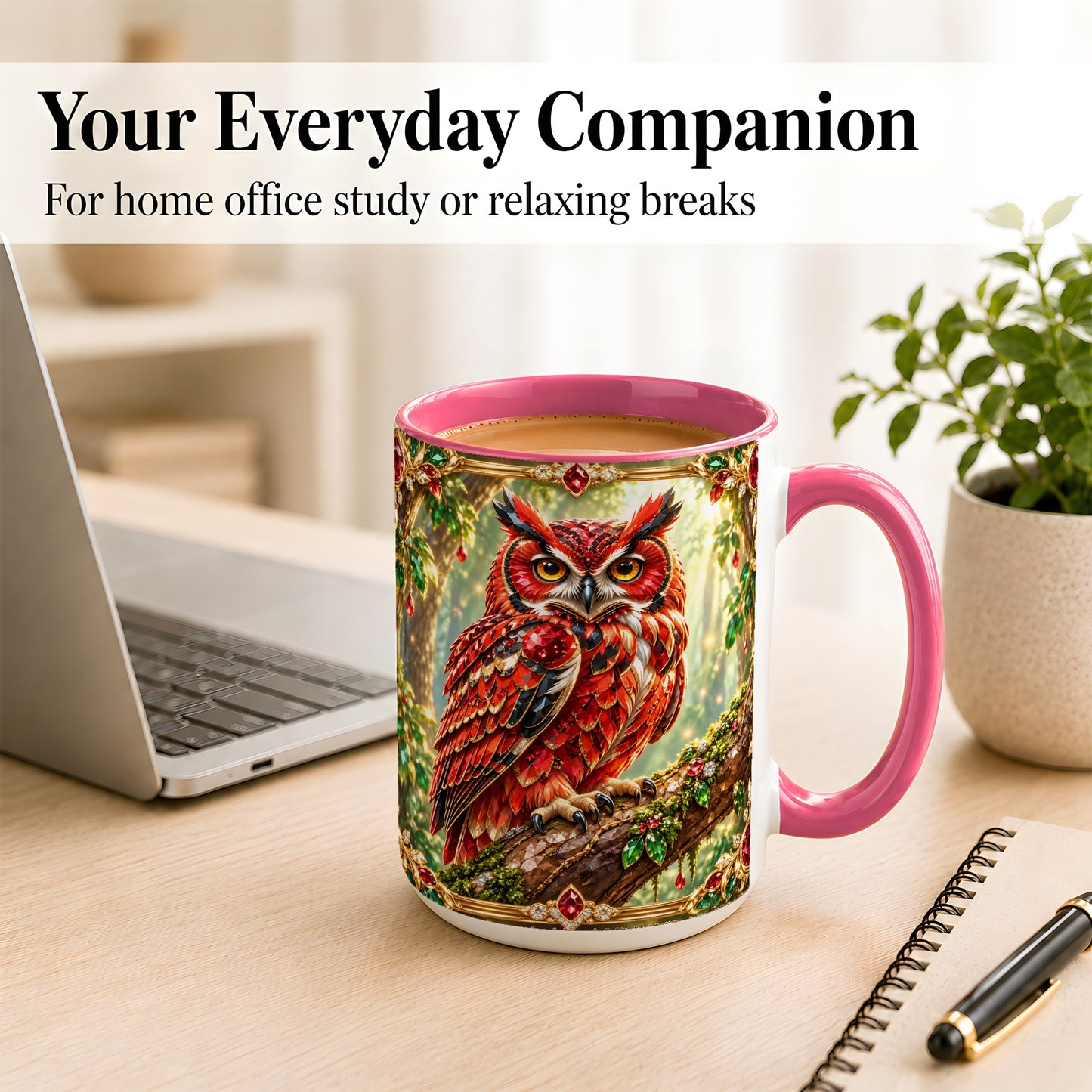 #pl[15oz|Pink] Red Gem Owl Coffee Mug, Gemstone Style Owl Mug, Ceramic Cup