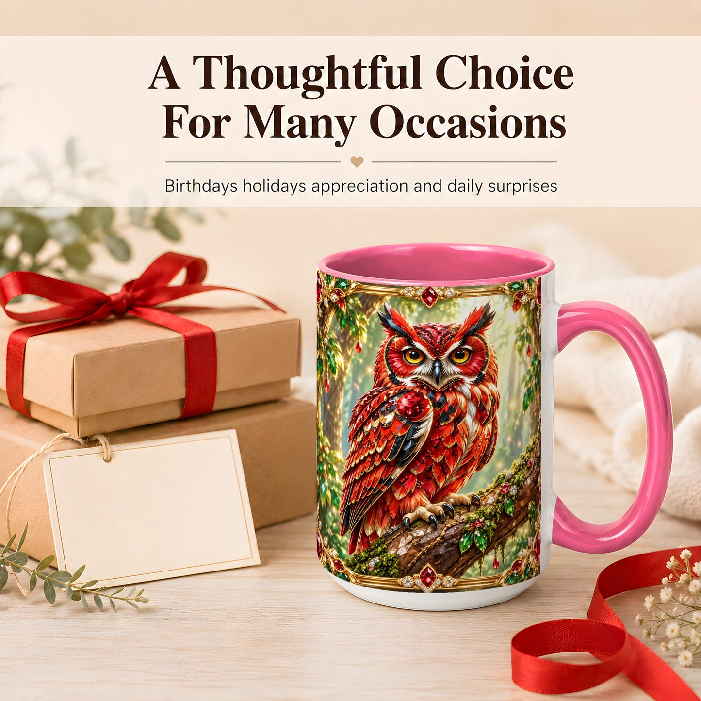 #pl[15oz|Pink] Red Gem Owl Coffee Mug, Gemstone Style Owl Mug, Ceramic Cup