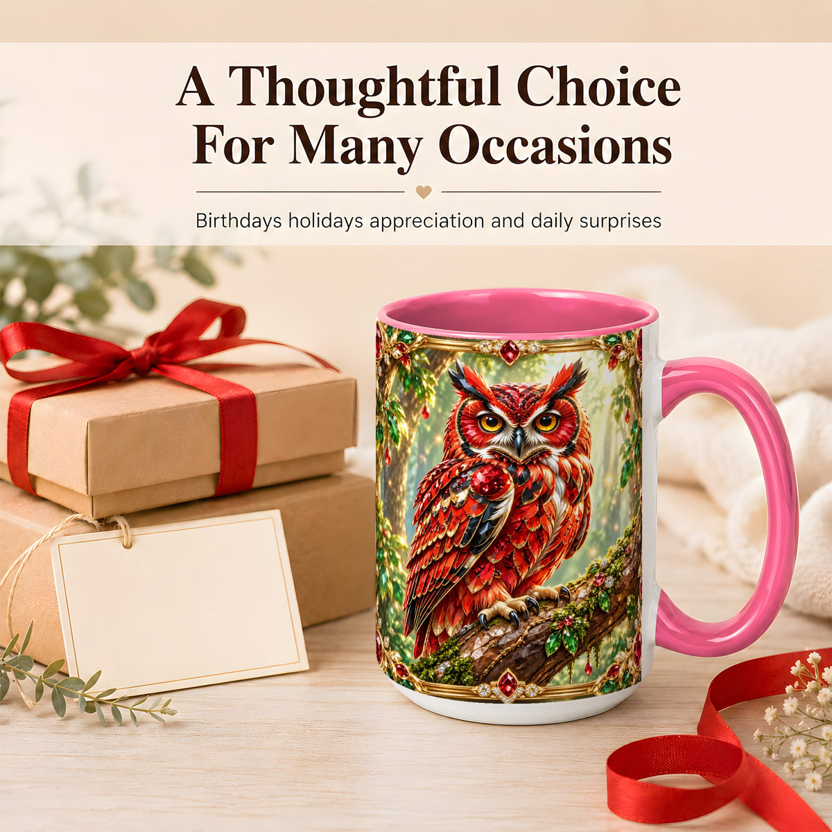 #pl[15oz|Pink] Red Gem Owl Coffee Mug, Gemstone Style Owl Mug, Ceramic Cup