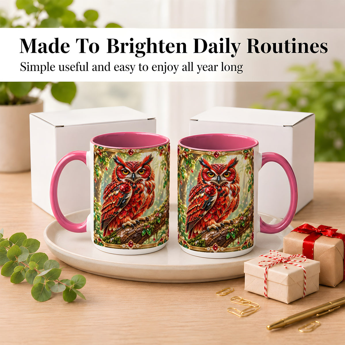 #pl[15oz|Pink] Red Gem Owl Coffee Mug, Gemstone Style Owl Mug, Ceramic Cup