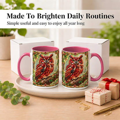 #pl[15oz|Pink] Red Gem Owl Coffee Mug, Gemstone Style Owl Mug, Ceramic Cup