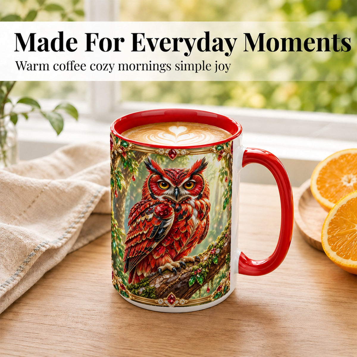 #pl[15oz|Red] Red Gem Owl Coffee Mug, Gemstone Style Owl Mug, Ceramic Cup