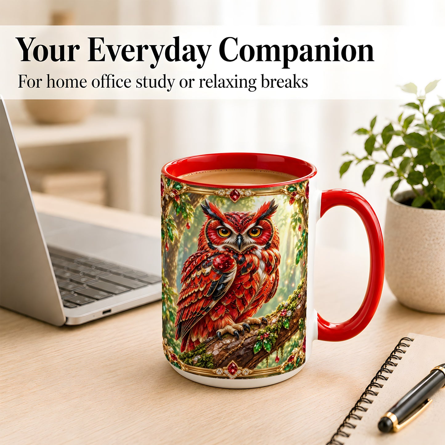 #pl[15oz|Red] Red Gem Owl Coffee Mug, Gemstone Style Owl Mug, Ceramic Cup
