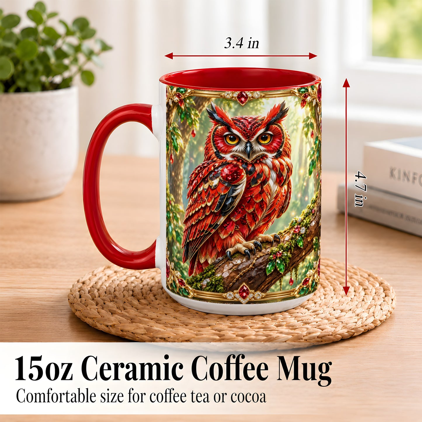 #pl[15oz|Red] Red Gem Owl Coffee Mug, Gemstone Style Owl Mug, Ceramic Cup