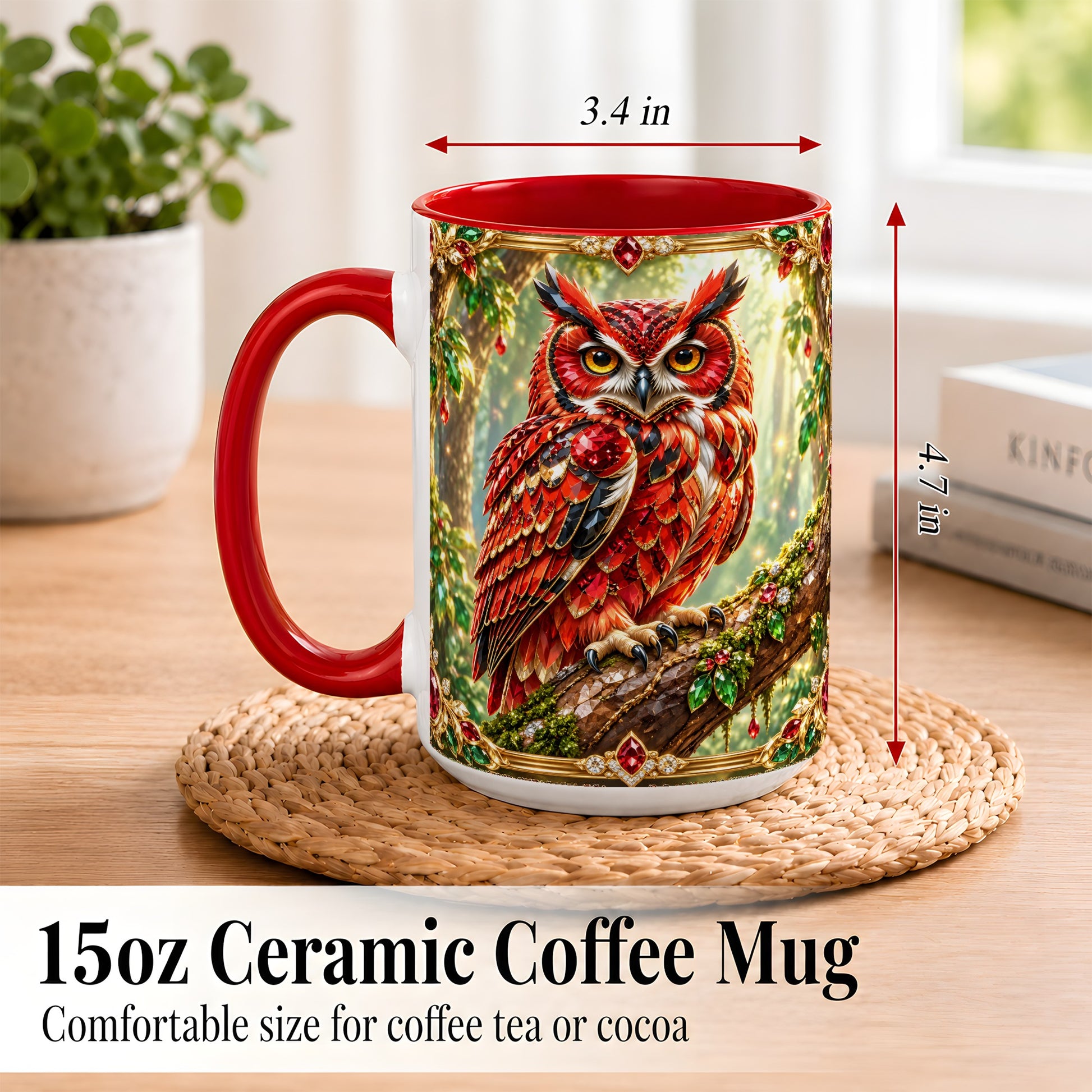 #pl[15oz|Red] Red Gem Owl Coffee Mug, Gemstone Style Owl Mug, Ceramic Cup