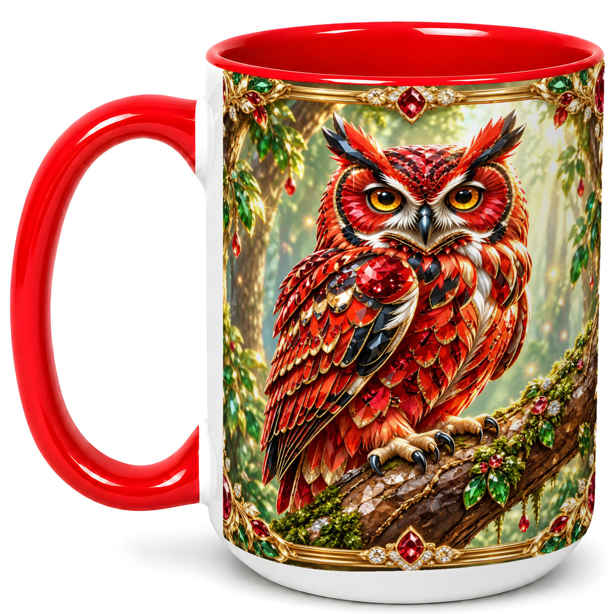 #pl[15oz|Red] Red Gem Owl Coffee Mug, Gemstone Style Owl Mug, Ceramic Cup