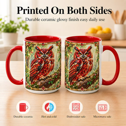 #pl[15oz|Red] Red Gem Owl Coffee Mug, Gemstone Style Owl Mug, Ceramic Cup