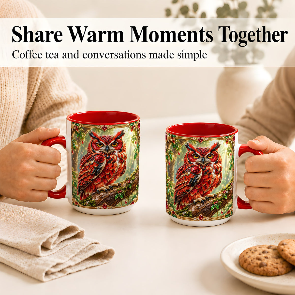 #pl[15oz|Red] Red Gem Owl Coffee Mug, Gemstone Style Owl Mug, Ceramic Cup