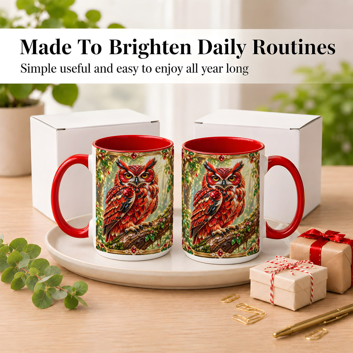 #pl[15oz|Red] Red Gem Owl Coffee Mug, Gemstone Style Owl Mug, Ceramic Cup