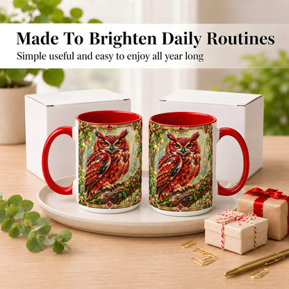 #pl[15oz|Red] Red Gem Owl Coffee Mug, Gemstone Style Owl Mug, Ceramic Cup