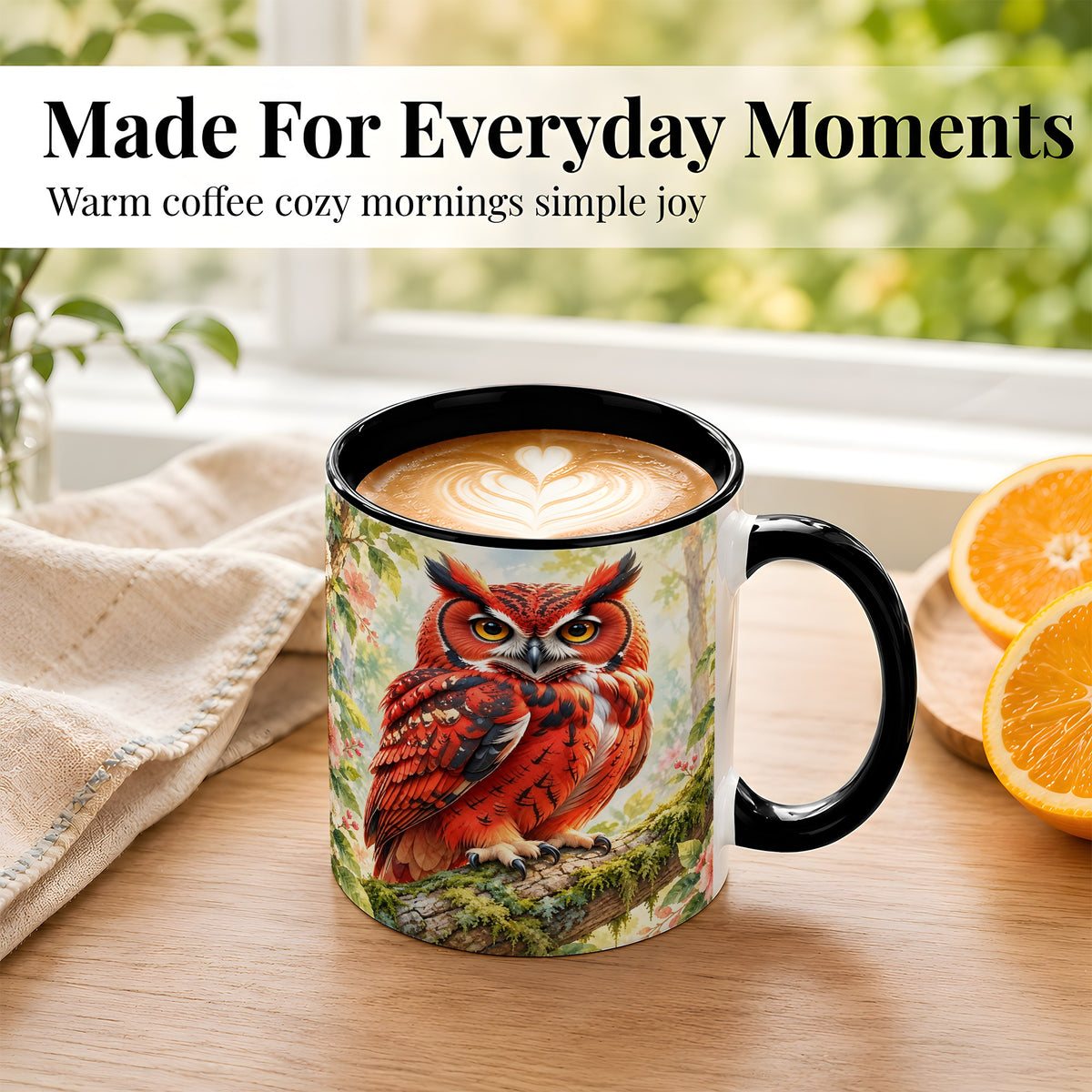 #pl[11oz|Black] Red Woodland Owl Coffee Mug, Floral Owl Mug, Ceramic Cup