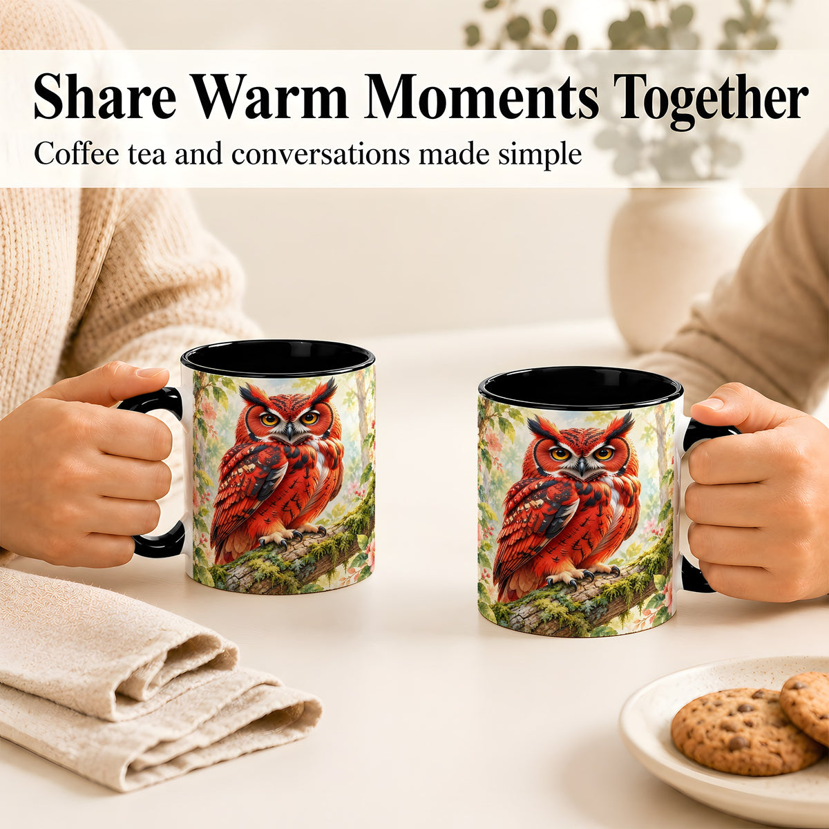 #pl[11oz|Black] Red Woodland Owl Coffee Mug, Floral Owl Mug, Ceramic Cup