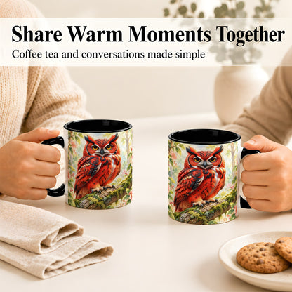 #pl[11oz|Black] Red Woodland Owl Coffee Mug, Floral Owl Mug, Ceramic Cup