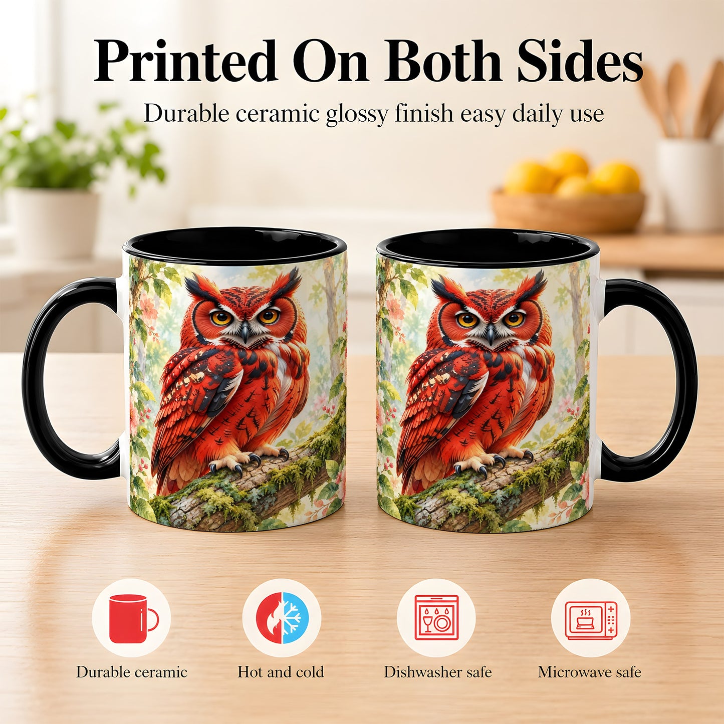 #pl[11oz|Black] Red Woodland Owl Coffee Mug, Floral Owl Mug, Ceramic Cup