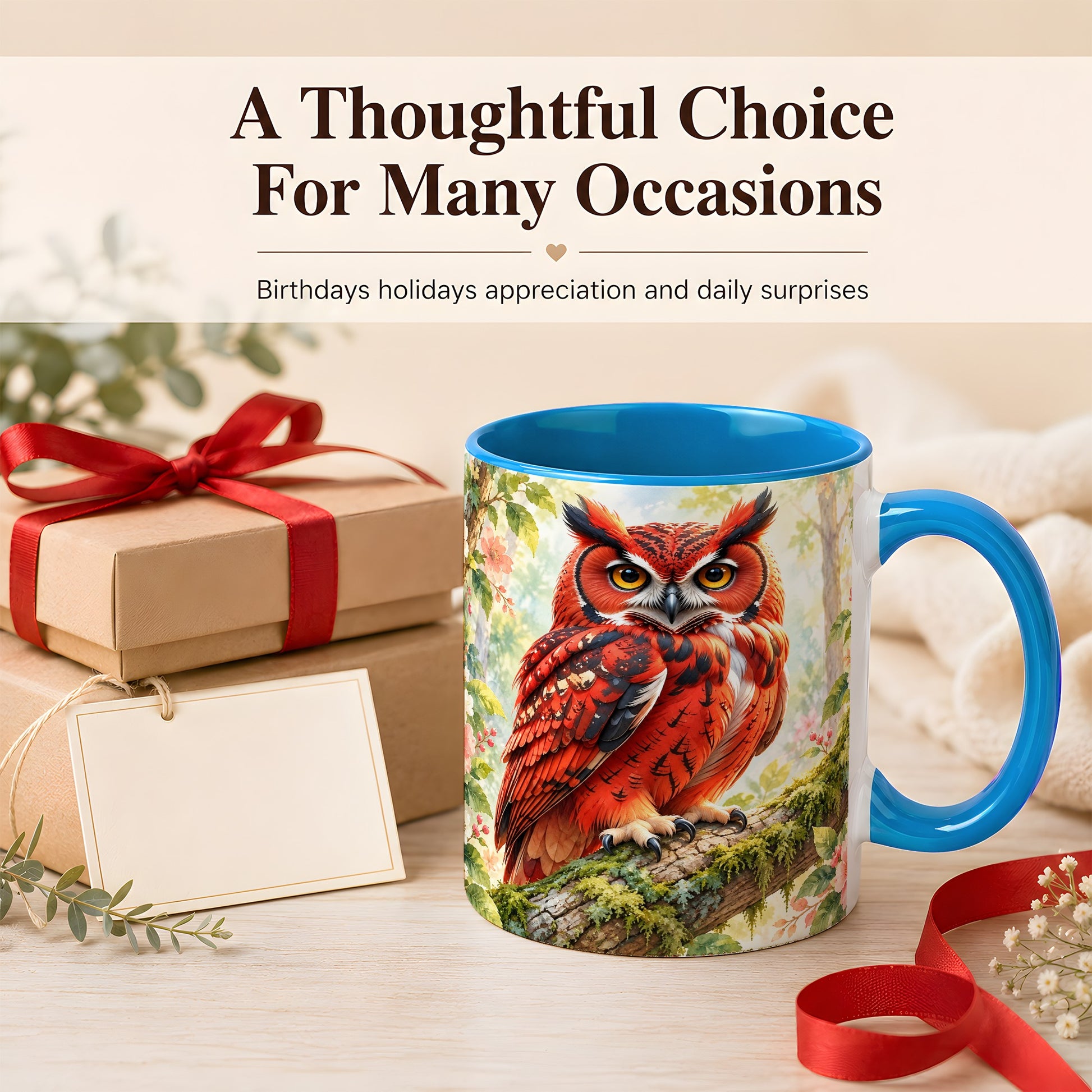 #pl[11oz|Blue] Red Woodland Owl Coffee Mug, Floral Owl Mug, Ceramic Cup