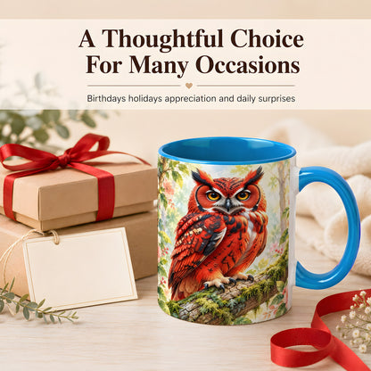 #pl[11oz|Blue] Red Woodland Owl Coffee Mug, Floral Owl Mug, Ceramic Cup