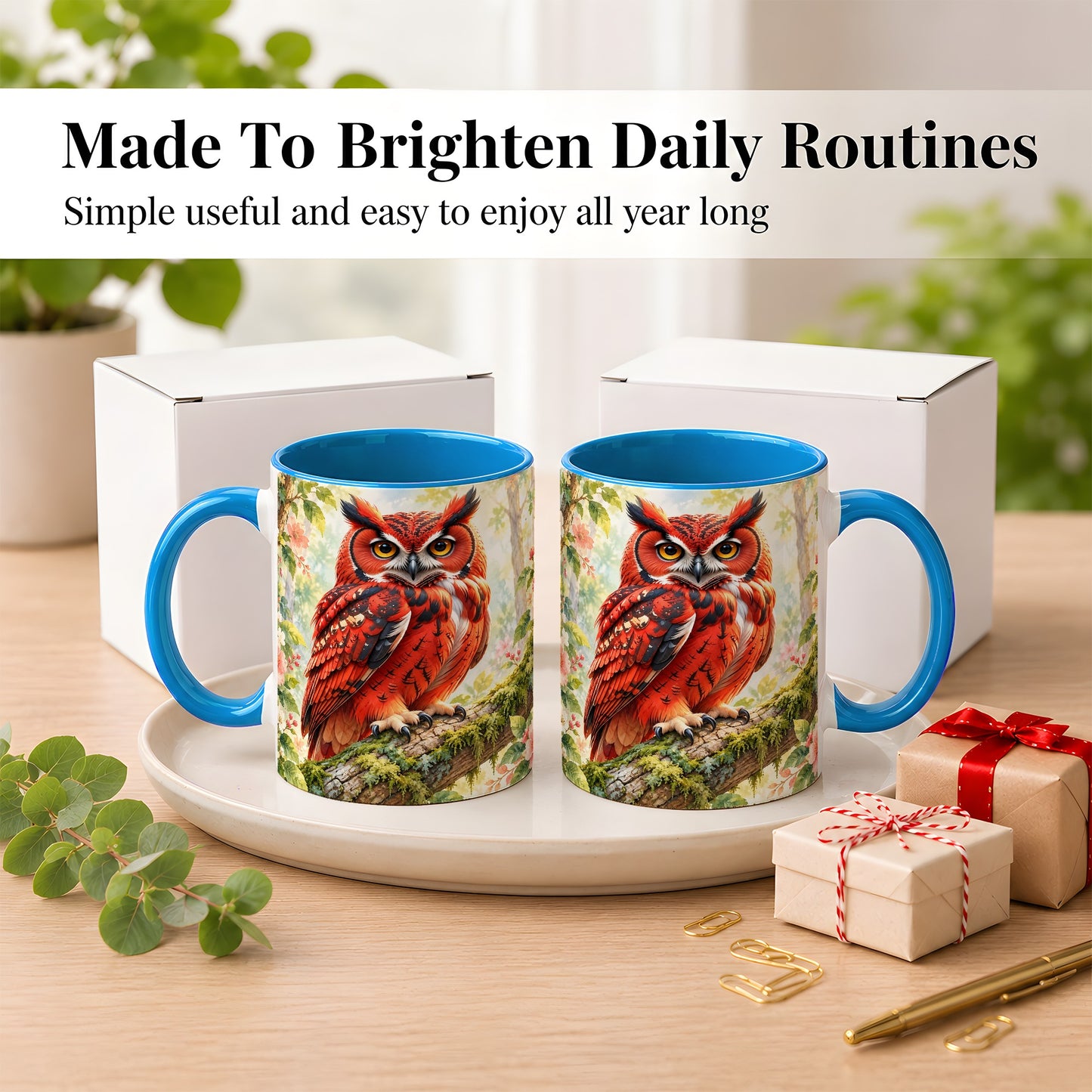 #pl[11oz|Blue] Red Woodland Owl Coffee Mug, Floral Owl Mug, Ceramic Cup
