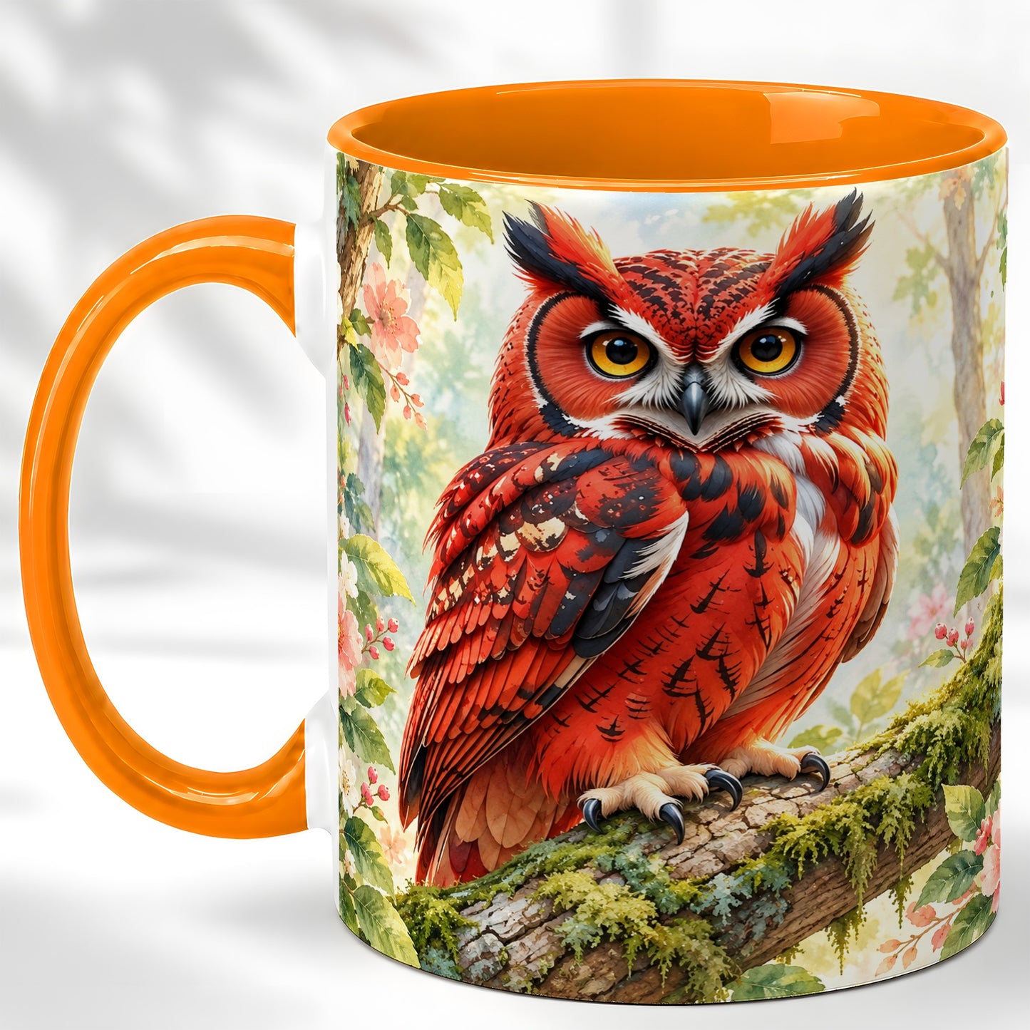 #pl[11oz|Orange] Red Woodland Owl Coffee Mug, Floral Owl Mug, Ceramic Cup