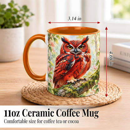 #pl[11oz|Orange] Red Woodland Owl Coffee Mug, Floral Owl Mug, Ceramic Cup