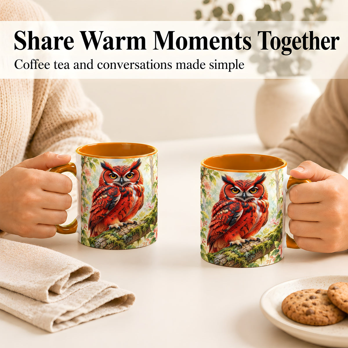 #pl[11oz|Orange] Red Woodland Owl Coffee Mug, Floral Owl Mug, Ceramic Cup