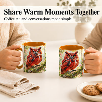 #pl[11oz|Orange] Red Woodland Owl Coffee Mug, Floral Owl Mug, Ceramic Cup
