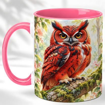 #pl[11oz|Pink] Red Woodland Owl Coffee Mug, Floral Owl Mug, Ceramic Cup