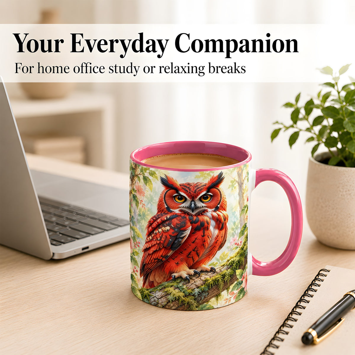 #pl[11oz|Pink] Red Woodland Owl Coffee Mug, Floral Owl Mug, Ceramic Cup