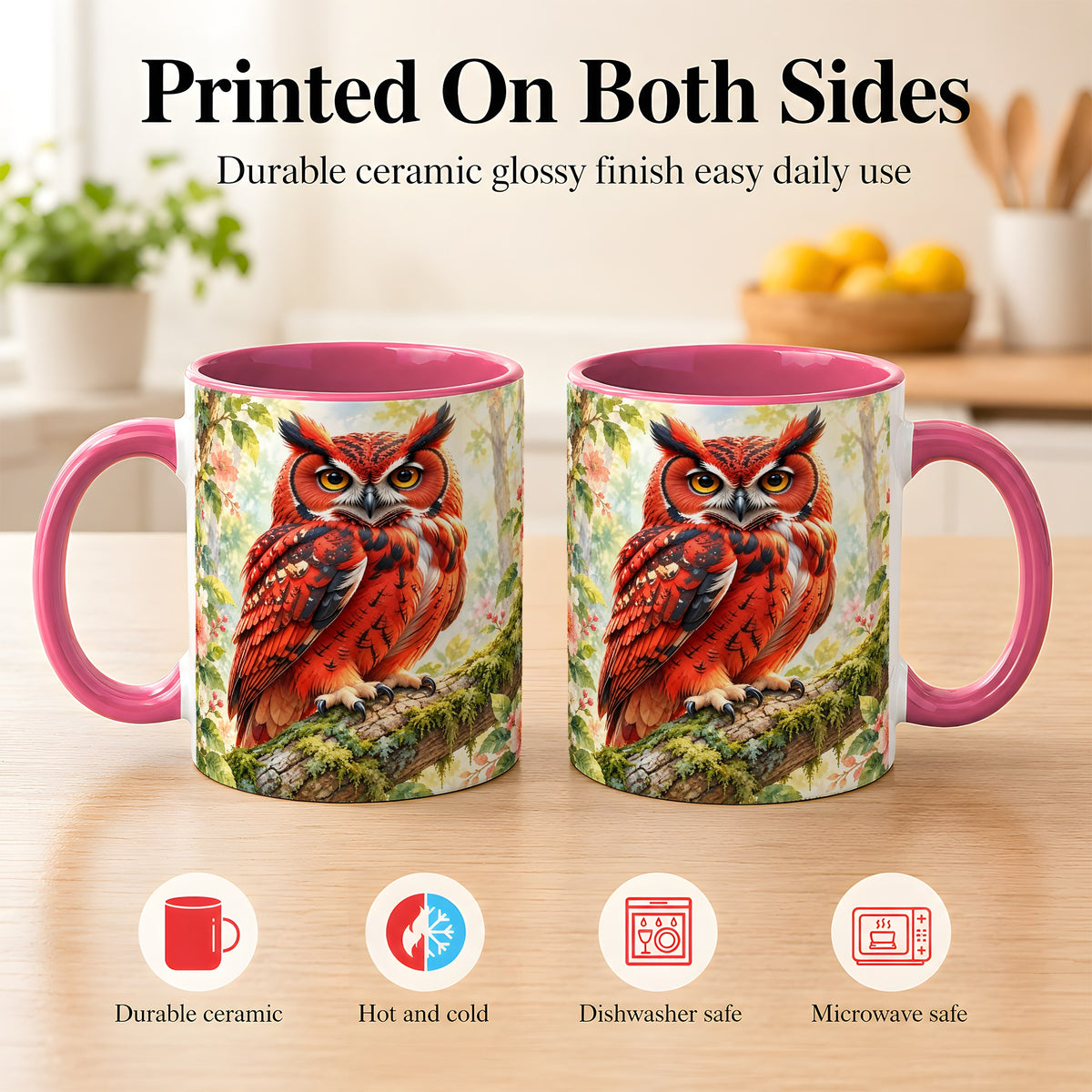#pl[11oz|Pink] Red Woodland Owl Coffee Mug, Floral Owl Mug, Ceramic Cup