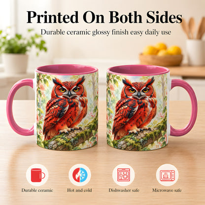#pl[11oz|Pink] Red Woodland Owl Coffee Mug, Floral Owl Mug, Ceramic Cup