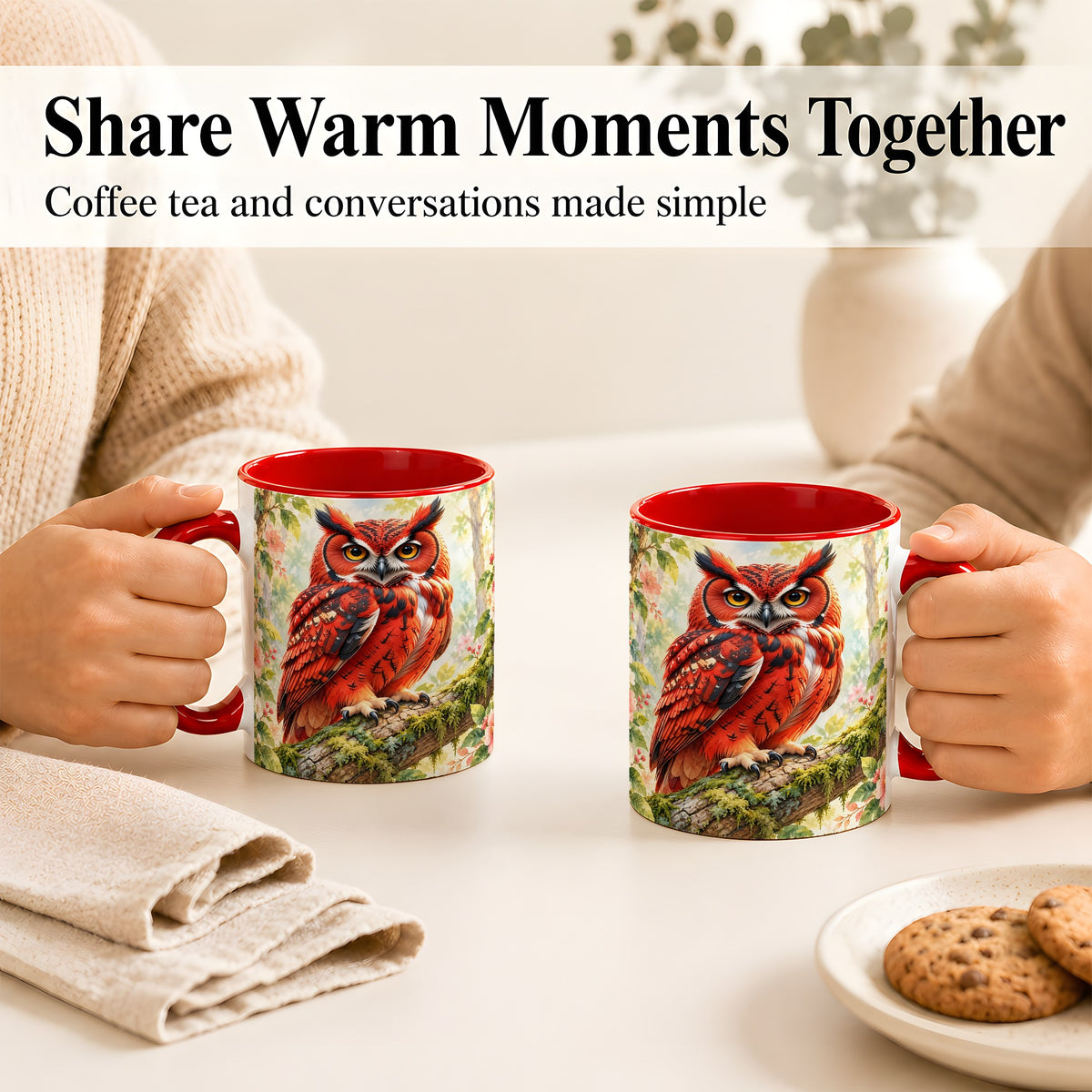 #pl[11oz|Red] Red Woodland Owl Coffee Mug, Floral Owl Mug, Ceramic Cup