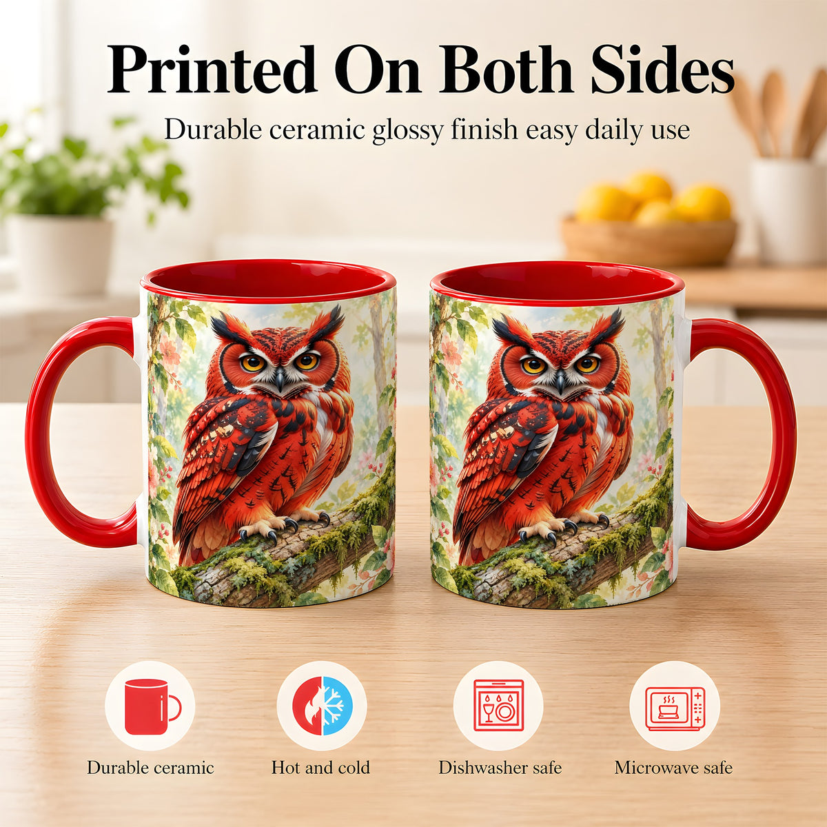 #pl[11oz|Red] Red Woodland Owl Coffee Mug, Floral Owl Mug, Ceramic Cup
