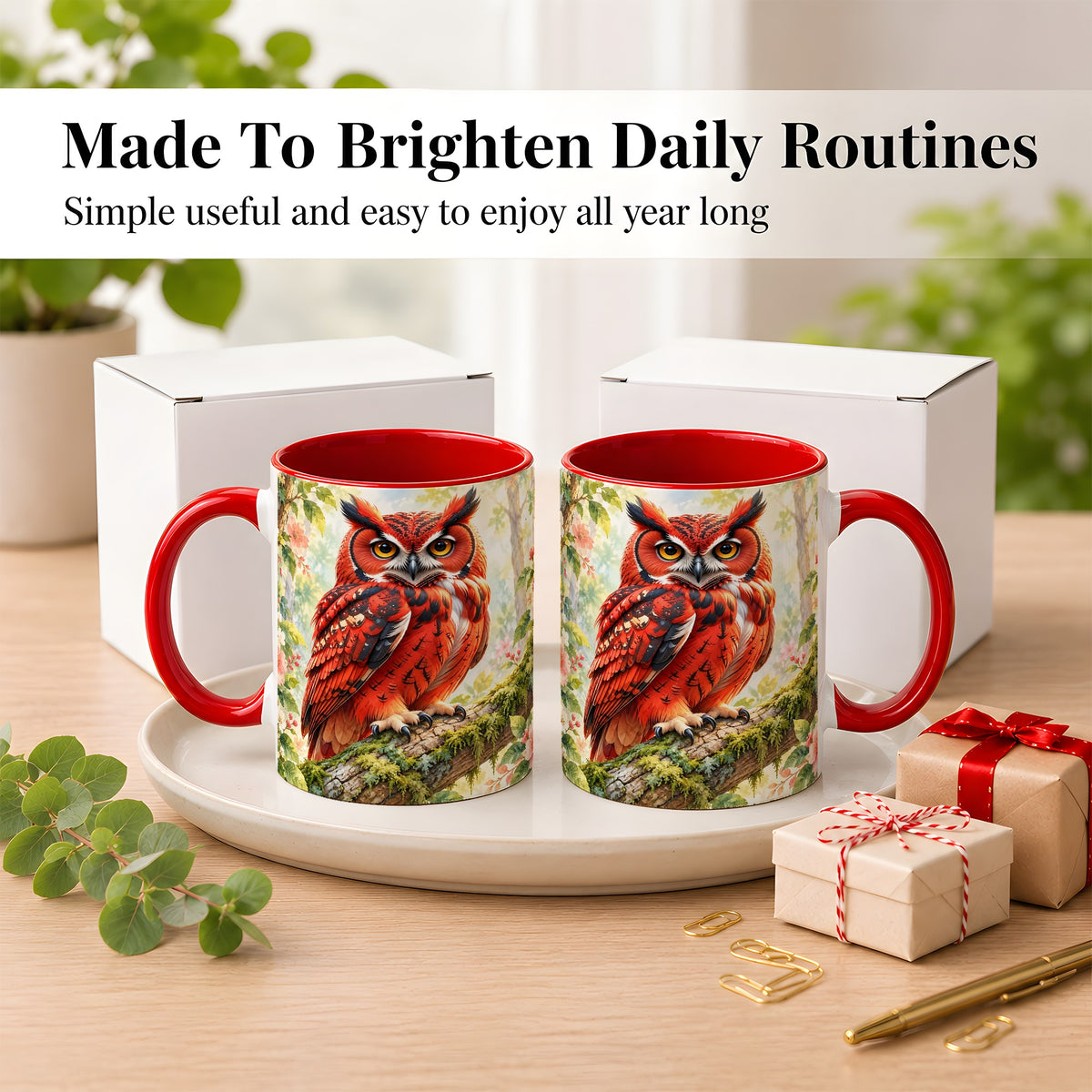 #pl[11oz|Red] Red Woodland Owl Coffee Mug, Floral Owl Mug, Ceramic Cup
