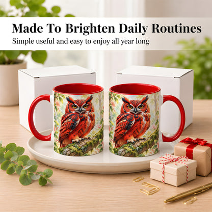 #pl[11oz|Red] Red Woodland Owl Coffee Mug, Floral Owl Mug, Ceramic Cup