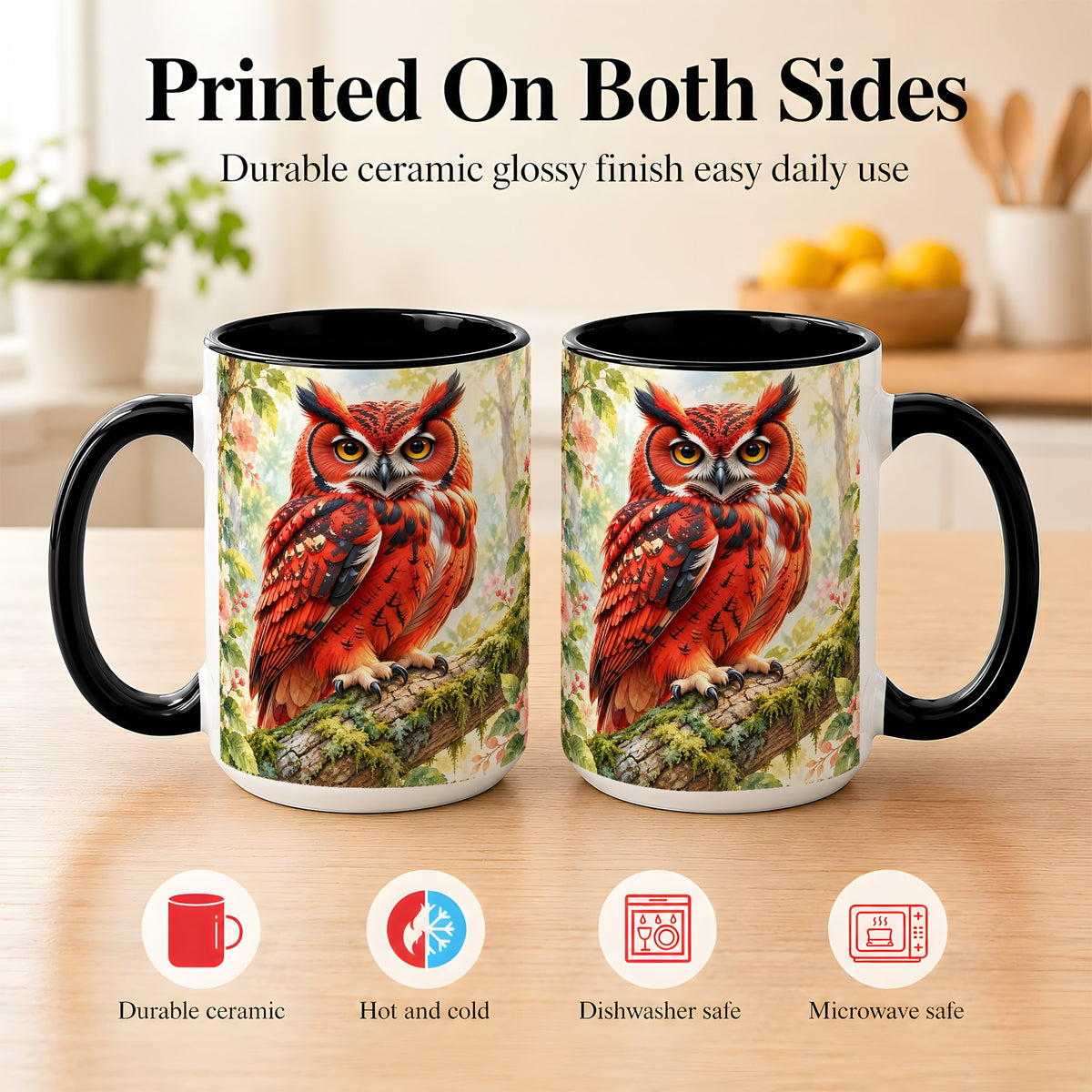#pl[15oz|Black] Red Woodland Owl Coffee Mug, Floral Owl Mug, Ceramic Cup